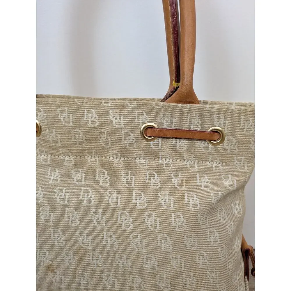 Dooney & Bourke Beige Logo Canvas Satchel with Tan Leather Trim